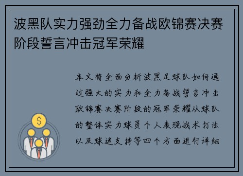 波黑队实力强劲全力备战欧锦赛决赛阶段誓言冲击冠军荣耀