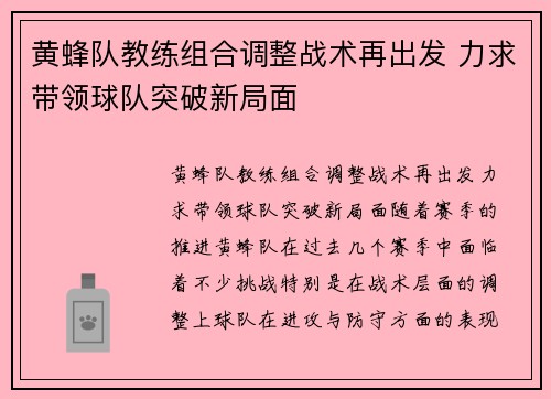 黄蜂队教练组合调整战术再出发 力求带领球队突破新局面